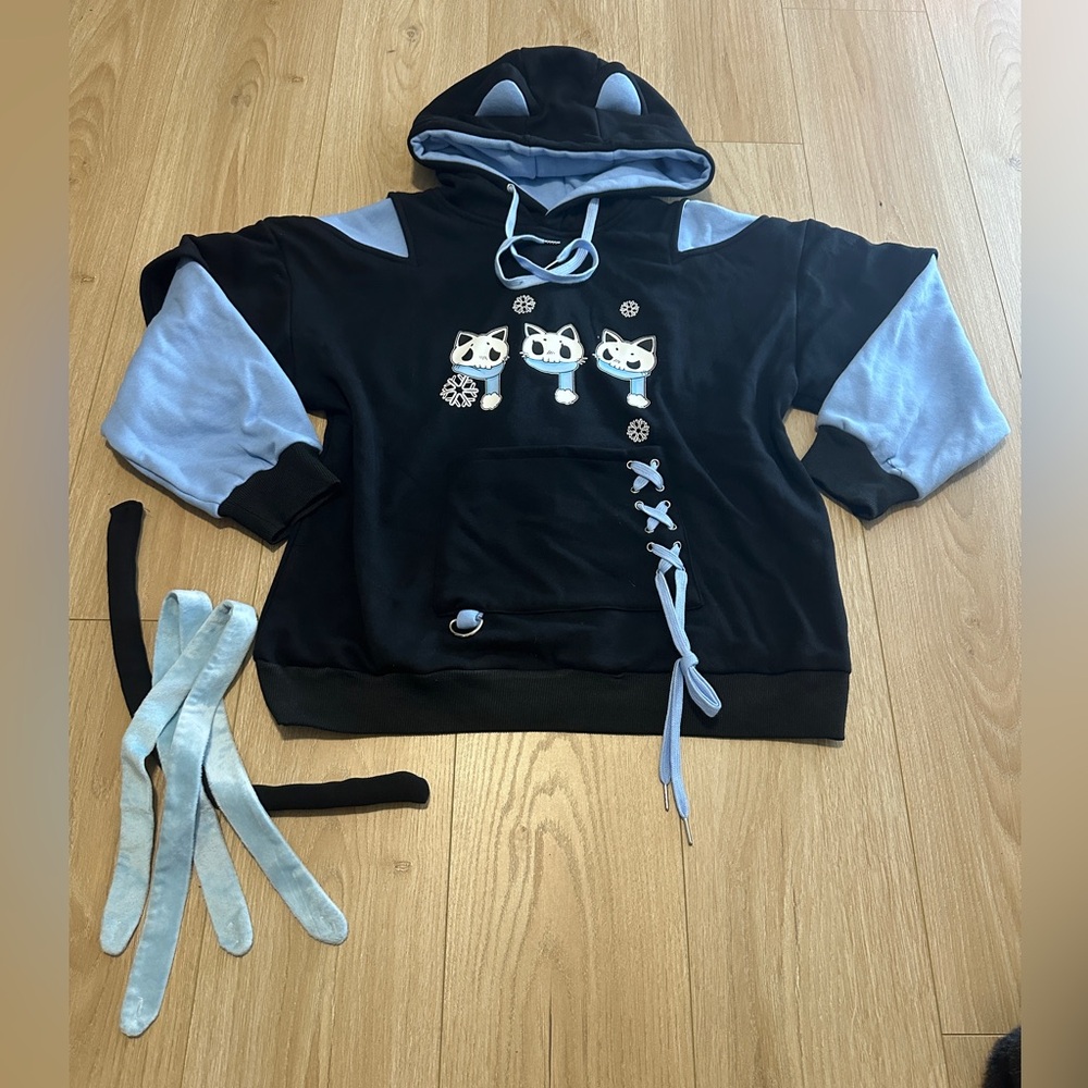 Cute Cat Design Kids Hoodie - Black and Blue